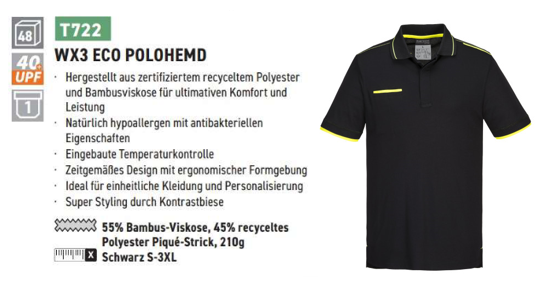 Beispielbild des WX3 Eco Polohemdes T722 in Schwarz mit hinterlegtem Link zum Artikel und kurzer Zusammenfassung der Produkteigenschaften.