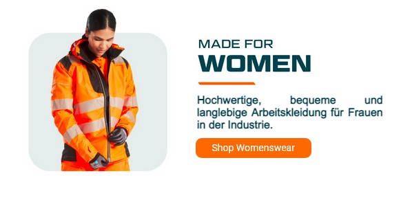 Link zu unserem Katalog mit Arbeitskleidung für Damen mit einem Beispielbild von einer Frau in Warnkleidung in Leuchtorange.