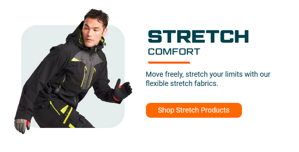 Beispielbild eines jungen Mannes in Arbeitskleidung mit hinterlegtem Link zu unserem Katalog an Arbeitskleidung mit Stretch.