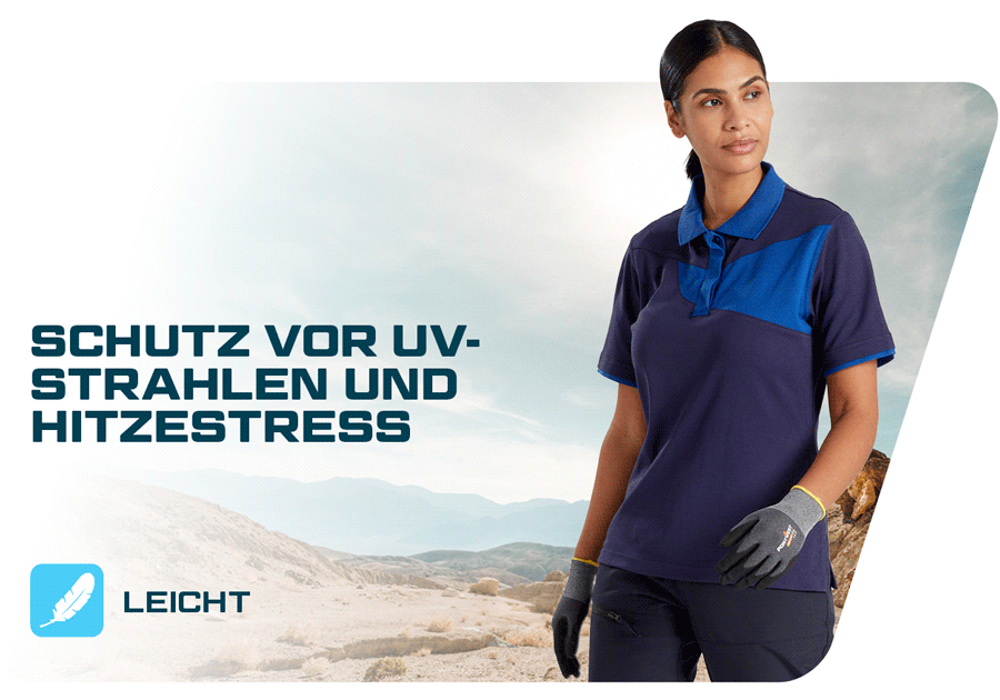 Banner mit einer kargen Berglandschaft im Hintergrund. Im rechten Bildbereich befindet sich eine Frau in blauer, kurzärmeliger Arbeitskleidung und Handschuhen. Im rechten Bildbereich steht in blauen Lettern "Schutz vor UV-Strahlen und Hitzestress". 