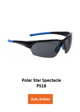 Bild der Polar Spectacle PS18 Brille in Schwarz mit blauen Details und hinterlegtem Link zum Artikel.