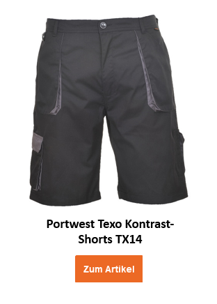 Bild der Portwest Texo Kontrast-Shorts TX14 in Schwarz mit hinterlegtem Link zum Artikel.