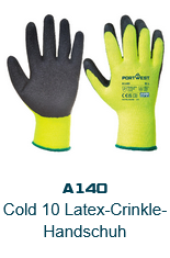 Bild des Thermo Grip Handschuhs A140 in Gelb mit schwarzen Details und hellblauem Bündchen. Der hinterlegte Link führt zur Artikelseite.