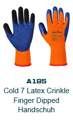 Bild der Duo-Therm Handschuhe A185 in Orange mit blauen Handflächen, schwarzen Fingerspitzen und rotem Bündchen. Der hinterlegte Link führt zur Artikelseite.