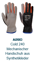 Bild der Wintershield Handschuhe A280 in Grau mit schwarzen Handflächen, blauem Bündchen und orangen Details. Der hinterlegte Link führt zur Artikelseite.