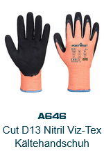 Bild der Vis-Tex Winter Nitril Schnittschutzhandschuhe A646 in Orange mit schwarzen Details und blauem Bündchen. Der hinterlegte Link führt zur Artikelseite.
