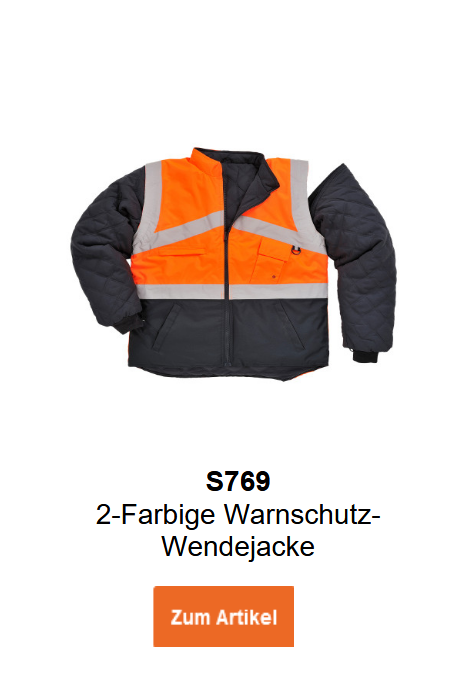 Bild der 2-farbigen Warnschutz-Wende-Jacke S769 in ORange und Schwarz mit Reflexstreifen. Ein Link zur Artikelseite ist hinterlegt.