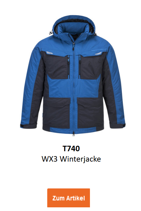  Bild der WX3 Winterjacke T740 in Blau mit schwarzen Details. Ein Link zur Artikelseite ist hinterlegt.