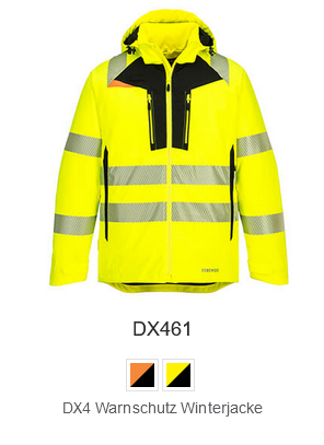 DX460 Winterjacke in Warngelb mit hinterlegtem Link zum Artikel.