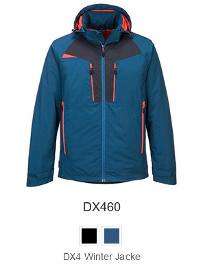 Winterjacke DX460 in Blau mit orange-schwarzen Details und hinterlegtem Link zum Artikel.