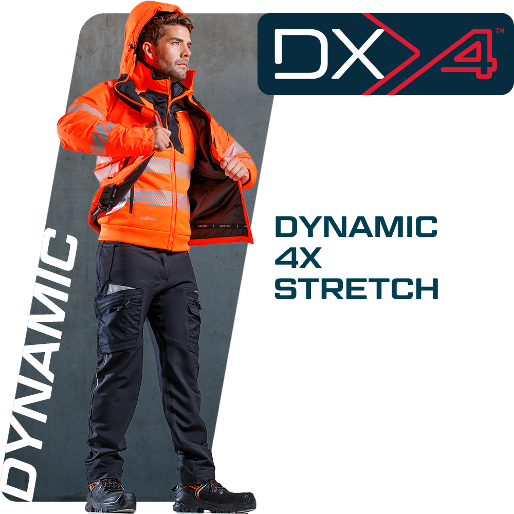 Männliches Modell mit Bart und braunem Kurzhaarschnitt in Arbeitskleidung der DX4-Kollektion. Außenherum sind Schriftzüge drapiert, die die DX4-Kollektion bewerben und der hinterlegte Link führt zur gesamten DX4-Kollektion.