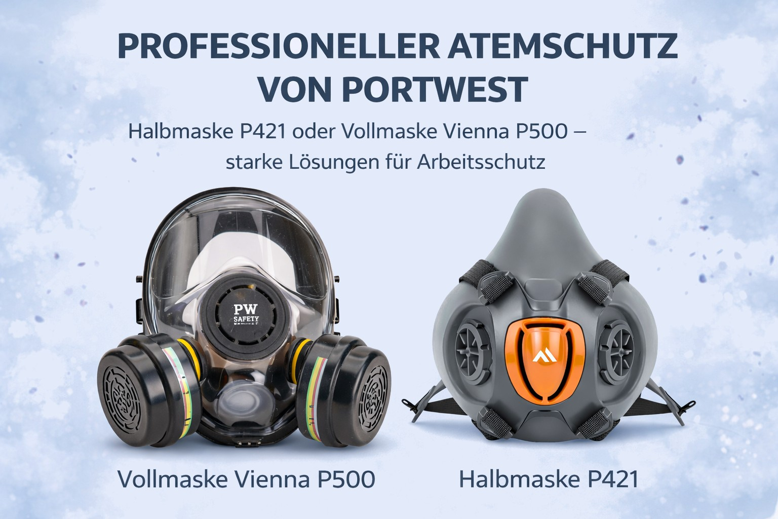 Grafik, die die beiden Masken P500 und P421 zeigt. Ein Link zu beiden Artikeln und den passenden Filtern ist hinterlegt.