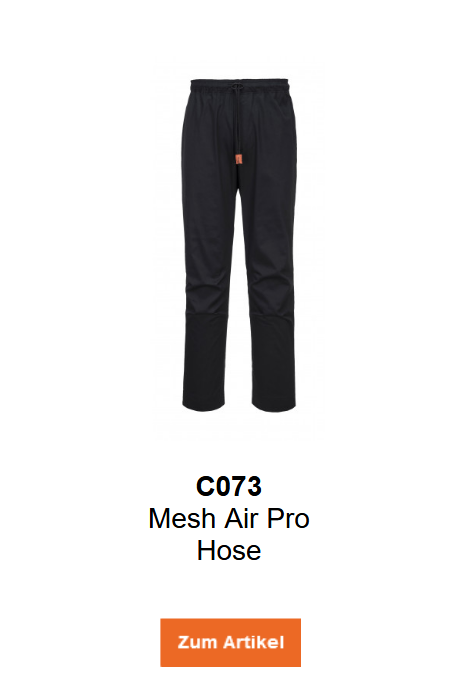 Bild der Mesh Air Pro Hose C073 in Schwarz mit orangen Details. Ein Link zur Artikelseite ist hinterlegt.