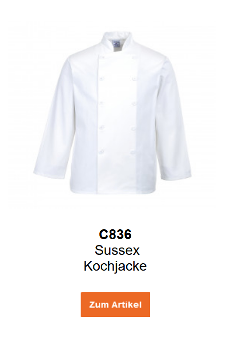 Bild der Sussex Kochjacke C836 in Wei&szlig;. Ein Link zur Artikelseite ist hinterlegt.