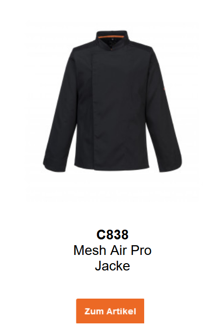 Bild der Mesh Air Pro Jacke C838 in Schwarz mit orangen Details. Ein Link zur Artikelseite ist hinterlegt.