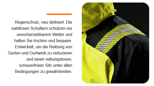 Nahaufnahme einer gelb-schwarzen Arbeitsjacke mit Wassertropfen auf der Oberfläche. Das Material ist wasserdicht, und die nahtlosen Schultern reduzieren Reibung für mehr Komfort und Schutz bei schlechtem Wetter. Hinterlegt ist ein Link, der zur PW3™-Kollektion führt.