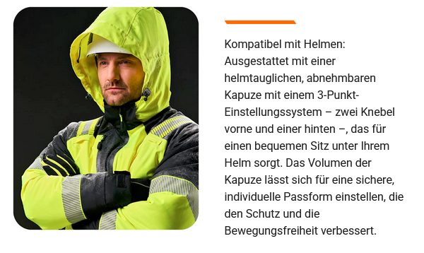 Ein Mann mit Bart trägt eine gelb-schwarze Arbeitsjacke mit reflektierenden Elementen und Kapuze. Die Kapuze ist helmtauglich, abnehmbar und mit einem 3-Punkt-Einstellungssystem für optimalen Sitz ausgestattet. Neben dem Bild ist ein Text über die Helm-Kompatibilität der PW3™-Kollektion. Hinterlegt ist ein Link, der zur PW3™-Kollektion führt.
