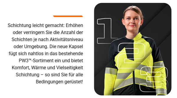 Aufnahme einer Frau in warngelber Arbeitskleidung, die direkt in die Kamera schaut. Die Zahlen 1, 2 und 3 sind im Bildvordergrund. Neben dem Bild befindet sich ein Infotext über die Möglichkeit, Kleidung der PW3™-Kollektion zu schichten. Hinterlegt ist ein Link, der zur PW3™-Kollektion führt.