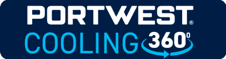 Logo des Portwest-Cooling-360-Gewebes in Hellblau und Weiß auf dunkelblauem Grund.