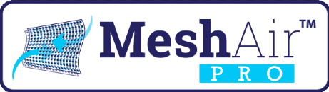 Logo des MeshAir Pro-Gewebes in verschiedenen Blautönen.