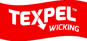 Logo des Texpel-Wicking-Gewebes in Rot mit weißer Schrift.