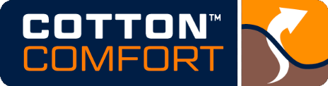 Logo des Cotton-Comfort-Gewebes in Blau, Weiß und Orange.