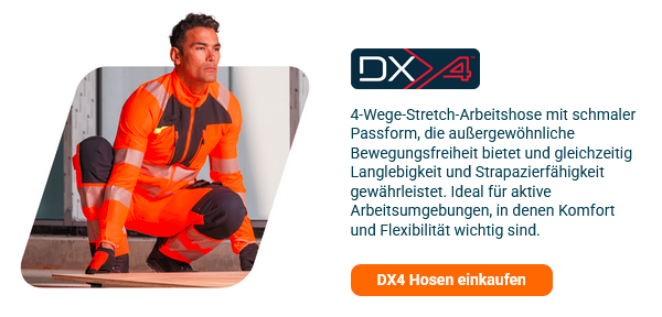 Kurze Vorstellung der DX4-Kollektion mit einem Bild, das einen Arbeiter in oranger Warnschutzkleidung zeigt, der ein Brett vom Boden anhebt. Ein Link zur DX4-Kollektion ist hinterlegt.
