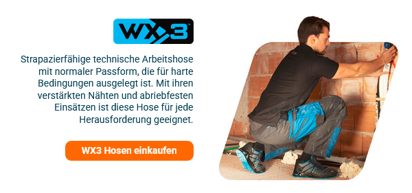 Kurze Vorstellung der WX3-Kollektion mit einem Bild, das einen Maurer in schwarzer und grau-blauer Arbeitskleidung zeigt, der Abmessungen an einer unverputzten Backsteinmauer macht. Ein Link zur WX3-Kollektion ist hinterlegt.
