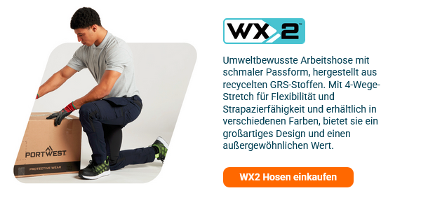Kurze Vorstellung der WX3-Kollektion mit einem Bild von einem Arbeiter in schwarzer Arbeitshose, grauem Poloshirt und Handschuhen. Er kniet auf dem Boden und schließt einen Karton. ein Link zur WX2-Kollektion ist hinterlegt.