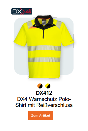 Bild des DX4 Warnschutz Polo-Shirts mit Reißverschluss kurzarm DX412 in Gelb mit Reflexstreifen und schwarzen und gelben Details. Ein Link zum Artikel ist hinterlegt.