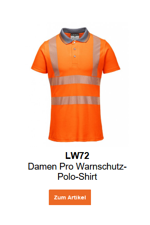 Bild des Damen Pro Warnschutz-Polo-Shirts LW72 in Orange mit Reflexstreifen und grauem Kragen. Ein Link zum Artikel ist hinterlegt.