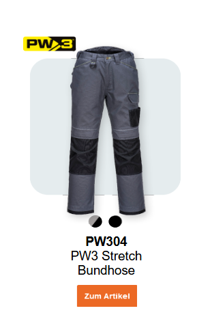 Bild der PW3 Stretch Bundhose PW304 in Grau mit schwarzen Details. Ein Link zum Artikel ist hinterlegt.