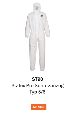 Bild des BizTex Pro Schutzanzug Typ 5/6 ST90 in Weiß. Ein Link zur Artikelseite ist hinterlegt.