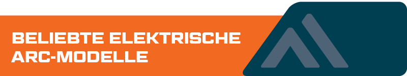 Dekoratives Element in Orange und Blau mit der weißen Aufschrift "Beliebte Elektrische Arc-Modelle".