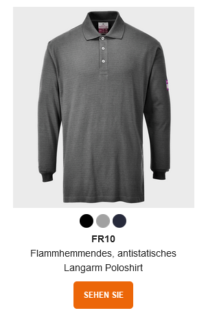 Beispielbild des Flammhemmenden, antistatischen Langarm Poloshirts FR10 in Grau mit hinterlegtem Link zum Artikel.