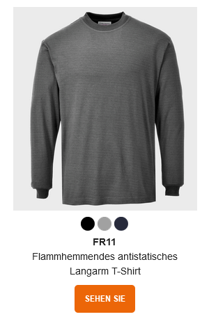 Beispielbild des Flammhemmenden, antistatischen Langarm T-Shirts FR11 in Grau mit hinterlegtem Link zum Artikel.