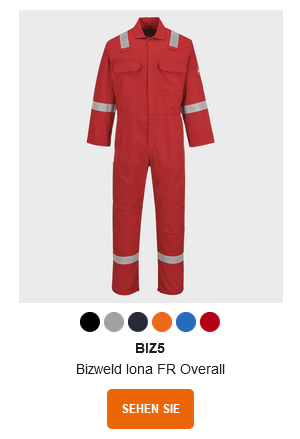 Beispielbild des Bizweld Iona FR Overalls BIZ5 in Rot mit hinterlegtem Link zum Artikel.