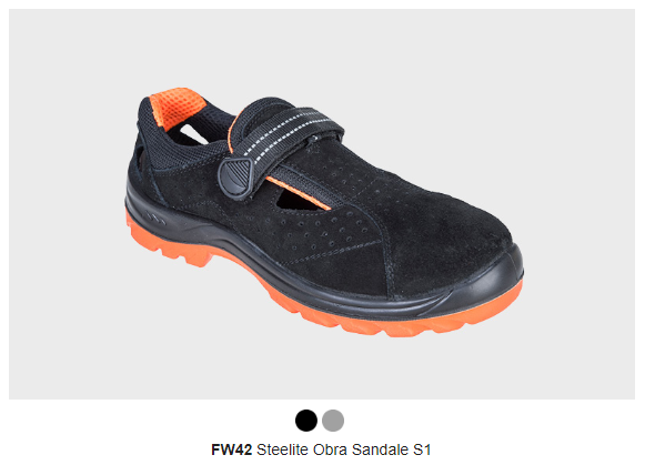 Abbildung der FW42 Steelite Obra Sandale S1 in Schwarz mit Details und Sohle in Orange. Hinterlegter Link zum Artikel.