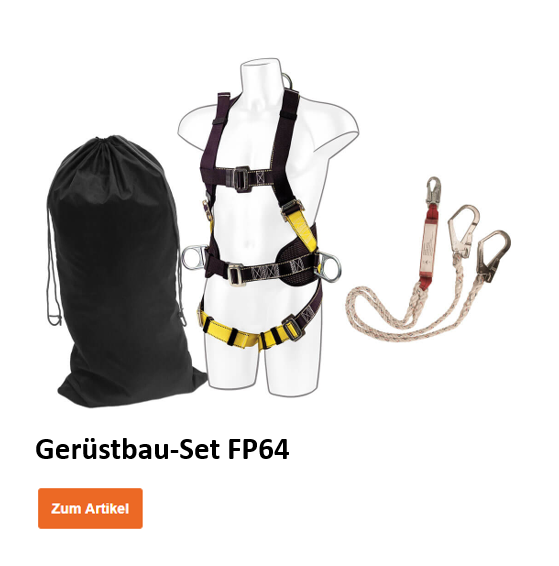 Gerüstbau-Set FP64 an einer Puppe nebst dem zugehörigen Falldämpfer und einer schwarzen Nylontasche zur Aufbewahrung. Ein oranger Button mit Link zum Artikel ist hinterlegt.