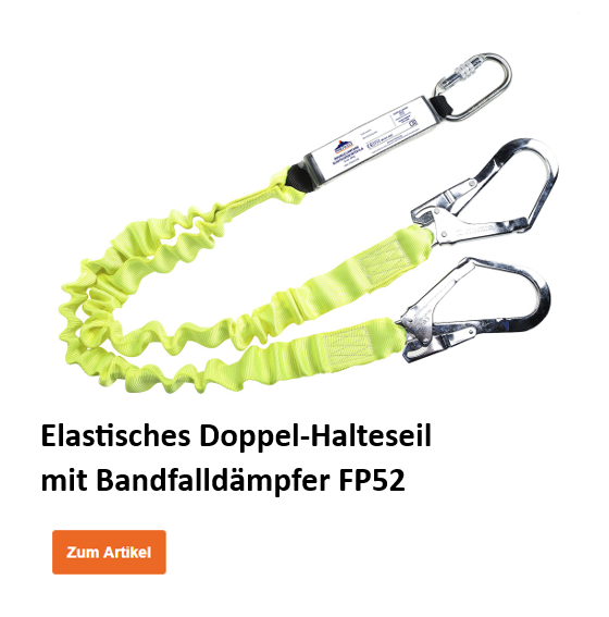 Elastisches Doppel-Halteseil mit Bandfalldämpfer FP52 in Gelb mit orangem Button, der zum Artikel führt.