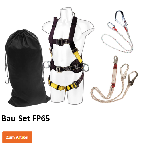 Bau-Set FP65 an einer Puppe nebst Verbindungmittel, Falldämpfer und zugehöriger schwarzer Nylontasche zur Aufbewahrung. Ein oranger Button mit hinterlegtem Link zum Artikel befindet sich im unteren Bildbereich.