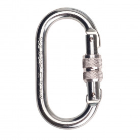 Portwest Schraubkarabiner FP30 aus Stahl in Silber. Ein Link zur Artikelseite ist hinterlegt.