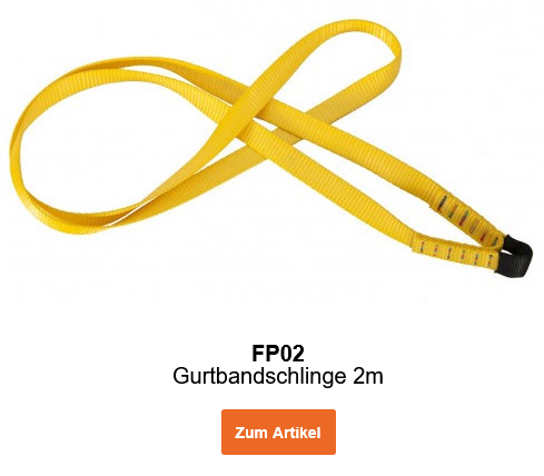 Bild der Gurtbandschlinge 2m FP02 in Gelb mit schwarzen Details. Ein Link zur Artikelseite ist hinterlegt.