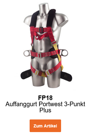 Bild des Auffanggurtes Portwest 3-Punkt Plus FP18 in Schwarz, Rot und Gelb auf einer Puppe. Ein Link zur Artikelseite ist hinterlegt.