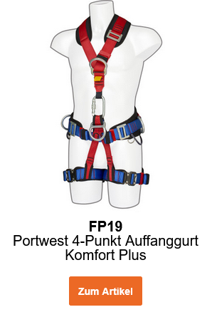 Bild des Portwest 4-Punkt Auffanggurtes Komfort Plus FP19 in Blau, Rot und Schwarz auf einer Puppe. Ein Link zur Artikelseite ist hinterlegt.