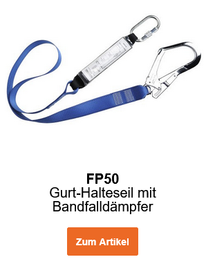 Bild des Gurt-Halteseils mit Bandfalldämpfer FP50 in Blau mit silbernen Karabinern. Ein Link zur Artikelseite ist hinterlegt.