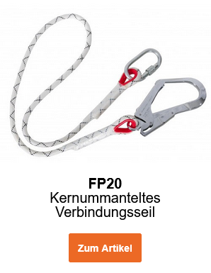 Bild des Kernummantelten Verbindungsseils FP20 in Weiß mit grauen und roten Details und silbernen Karabinern. Ein Link zur Artikelseite ist hinterlegt. 