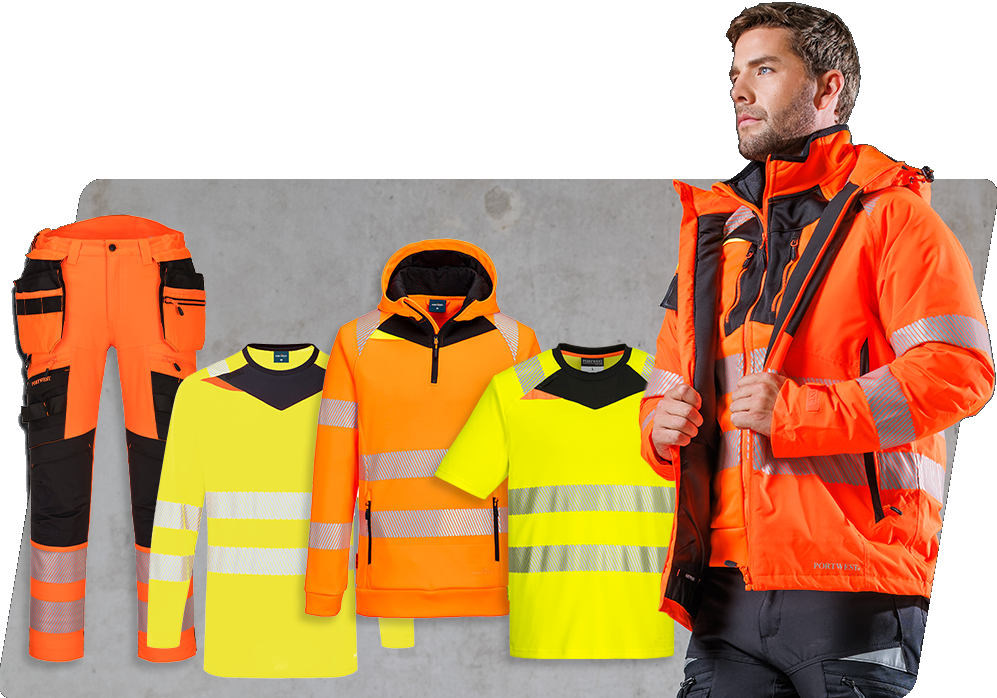 Verschiedene Modelle der DX4-Kollektion in Warngelb und Warnorange nebst einem männlichen Modell, das eine orange Warnschutzjacke und eine schwarze Arbeitshose trägt. Hinterlegt ist ein Link zu unserer DX4-Kollektion. 