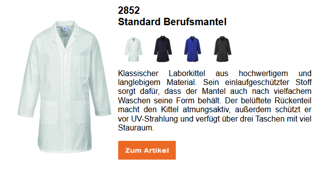 Bild des Standard Berufsmantels 2852 in Weiß nebst einer kurzen Beschreibung des Artikels, die auf der Artikelseite einsehbar ist. Ein Link zum Artikel ist hinterlegt.