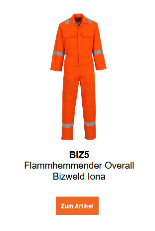 Bild des Flammhemmenden Overalls Bizweld Iona BIZ5 in Orange. Ein Link zum Artikel ist hinterlegt.